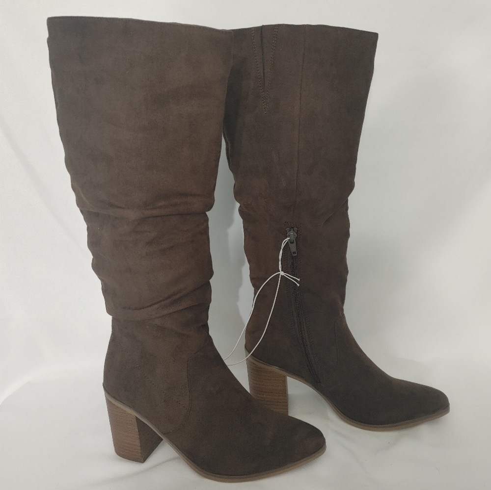 A New Day Brown Knee High Slouch Boots Faux Suede Block Heel Size 6